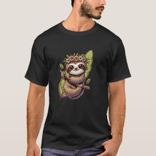 Cute sloth on a tree limb with leaves and flowers T-Shirt