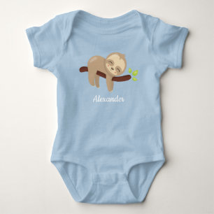 Cute Sloth on Tree Kawaii Animal Illustration Blue Baby Bodysuit