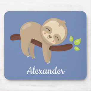 Cute Sloth on Tree Kawaii Animal Illustration Blue Mouse Pad