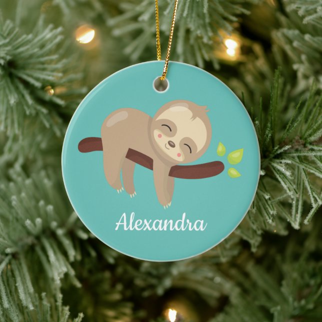 Cute Sloth on Tree Kawaii Animal On Teal Ceramic Ornament (Tree)
