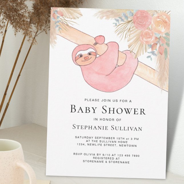 Cute Sloth Pampas Grass Girl's Baby Shower Invitation (Creator Uploaded)
