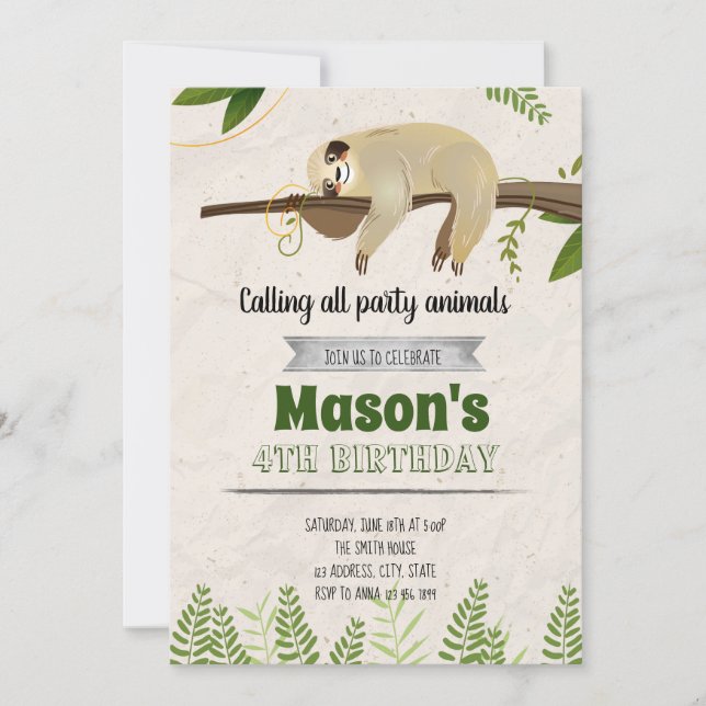 Cute sloth party invitation (Front)
