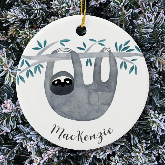 Cute Sloth Personalised Ceramic Ornament (Cute watercolor sloth personalized name script ceramic ornament)