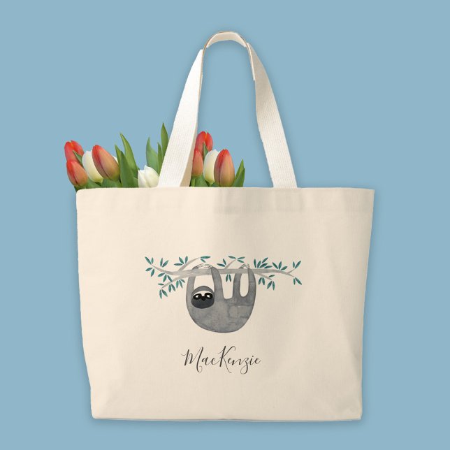 Cute Sloth Personalised Large Tote Bag (Watercolor cute sloth with modern script name personalized large tote bag)