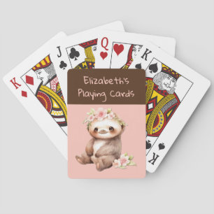 Cute sloth pink brown kids playing cards
