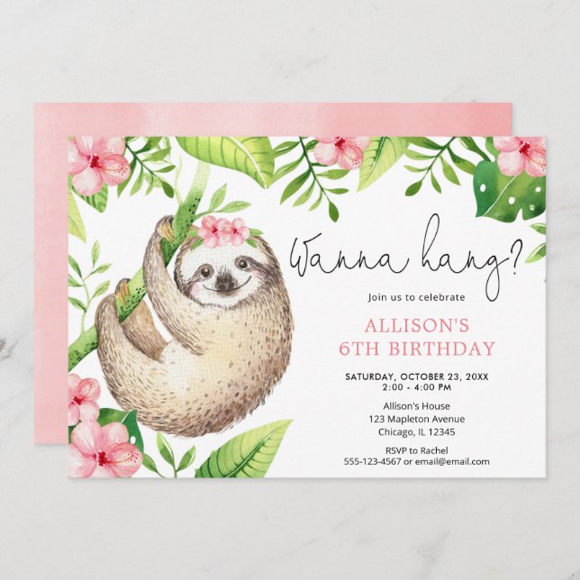 Cute sloth pink green leaves girl birthday party invitation (Front/Back)