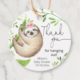 Cute sloth pink greenery green leaves favour tags