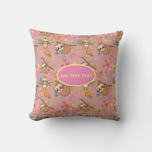 Cute Sloth Pink Pattern Add Your Text Floral Chic Cushion