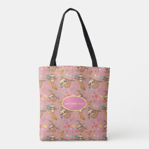 Cute Sloth Pink Pattern Add Your Text Floral Chic Tote Bag