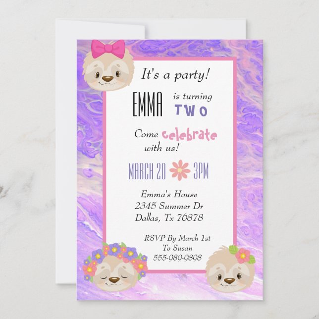 Cute Sloth Pink Purple Child's Birthday Invitation (Front)