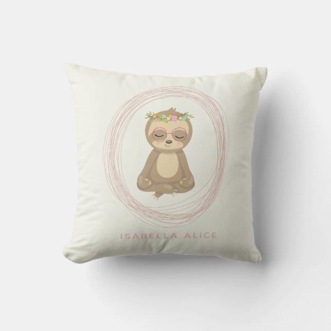 Cute Sloth Pink Zen Yoga Lotus Art Personalised Cushion (Front)