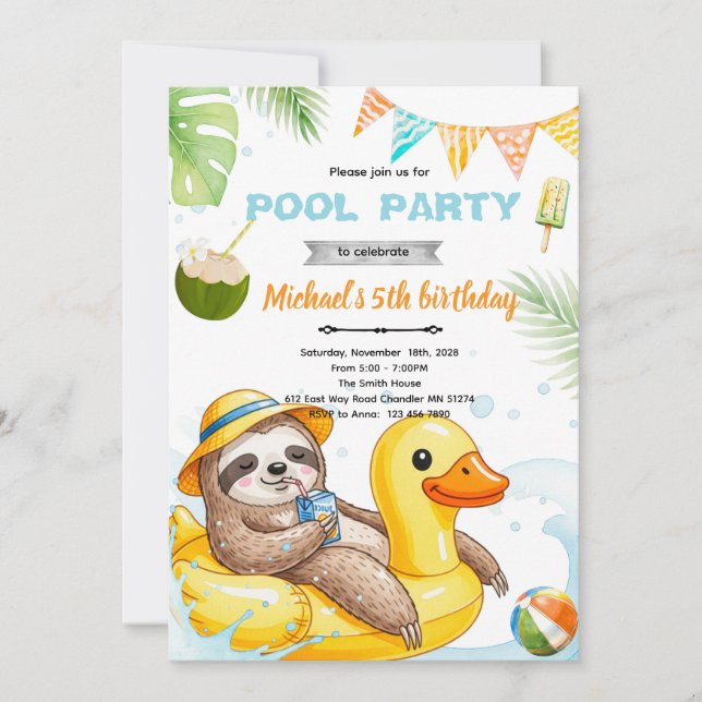 Cute sloth pool theme invitation (Front)