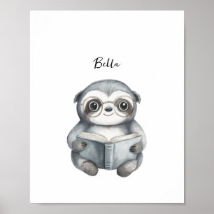 Cute Sloth Reading Poster Print