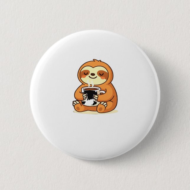 Cute Sloth Relaxing with Hot Coffee Premium T-Shir 6 Cm Round Badge (Front)