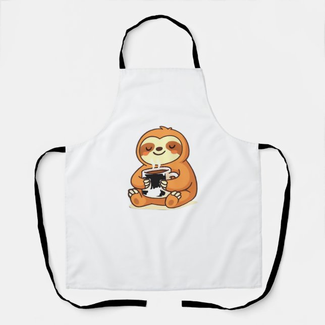 Cute Sloth Relaxing with Hot Coffee Premium T-Shir Apron (Front)
