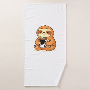 Cute Sloth Relaxing with Hot Coffee Premium T-Shir Bath Towel