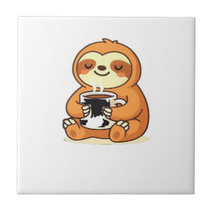 Cute Sloth Relaxing with Hot Coffee Premium T-Shir Ceramic Tile