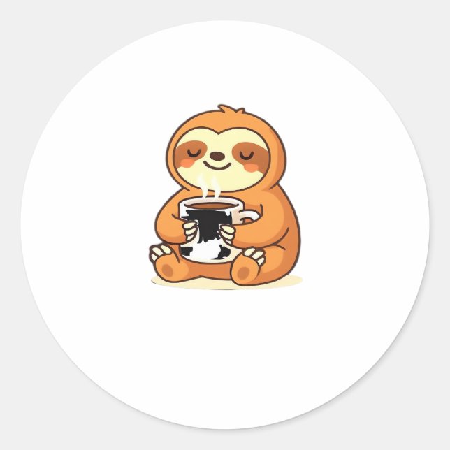 Cute Sloth Relaxing with Hot Coffee Premium T-Shir Classic Round Sticker (Front)