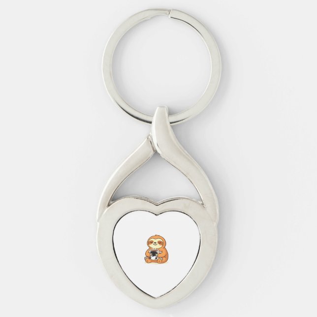 Cute Sloth Relaxing with Hot Coffee Premium T-Shir Key Ring (Front)