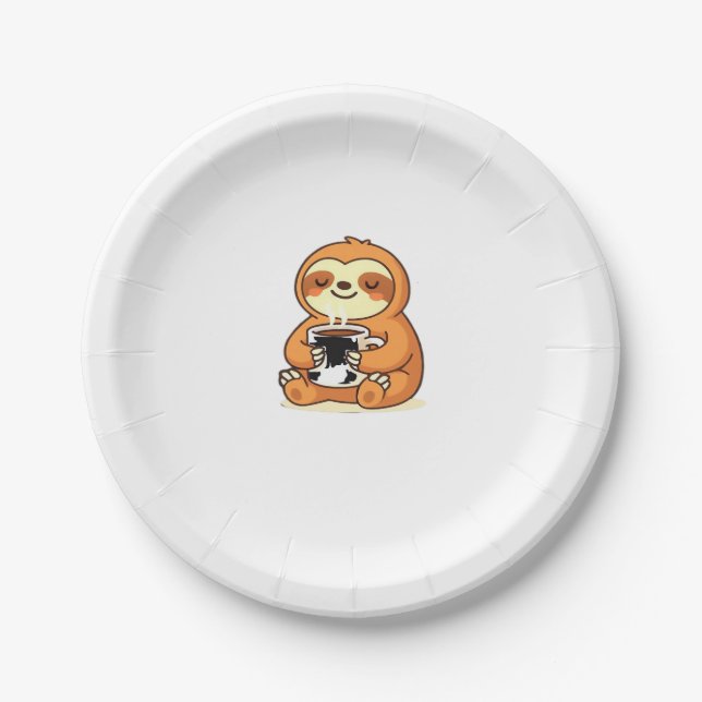 Cute Sloth Relaxing with Hot Coffee Premium T-Shir Paper Plate (Front)