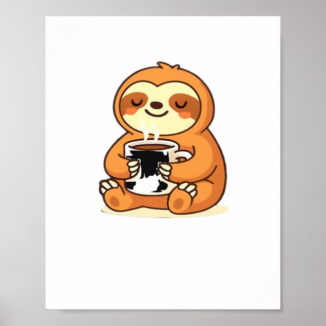 Cute Sloth Relaxing with Hot Coffee Premium T-Shir Poster (Front)