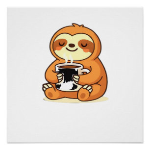 Cute Sloth Relaxing with Hot Coffee Premium T-Shir Poster