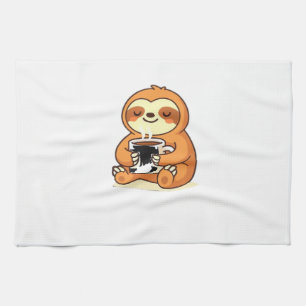 Cute Sloth Relaxing with Hot Coffee Premium T-Shir Tea Towel