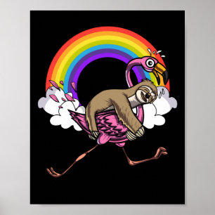 Cute Sloth Riding Flamingo Bird Funny Rainbow Poster
