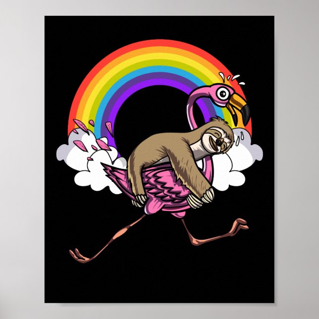 Cute Sloth Riding Flamingo Bird Funny Rainbow Poster (Front)