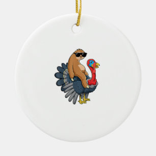 Cute Sloth Riding Turkey Funny Thanksgiving Humour Ceramic Ornament