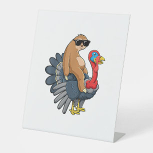 Cute Sloth Riding Turkey Funny Thanksgiving Humour Pedestal Sign