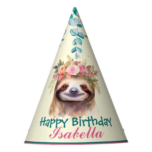cute Sloth safari animals jungle Flower Birthday Party Hat (Front)