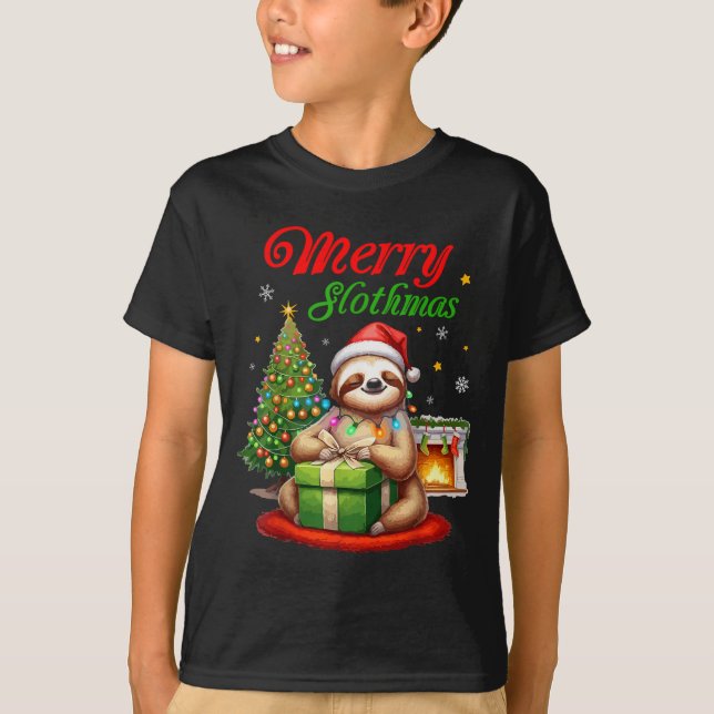 Cute Sloth Santa Christmas Merry Slothmas Slo Ho H T-Shirt (Front)