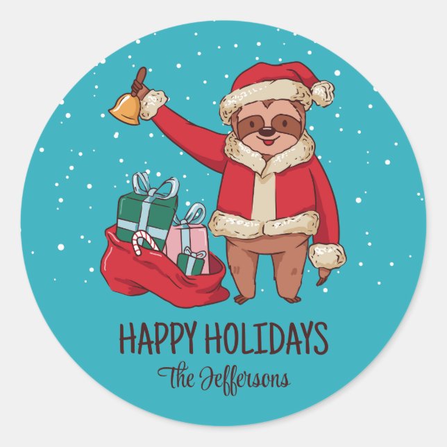 Cute Sloth Santa Christmas Snowy Winter Holiday Classic Round Sticker (Front)