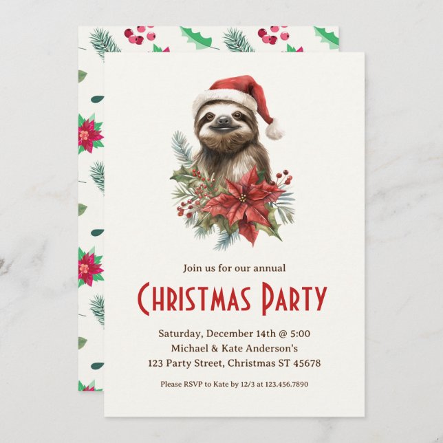 Cute Sloth Santa Hat Poinsettias Christmas Party Invitation (Front/Back)