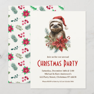Cute Sloth Santa Hat Poinsettias Christmas Party Invitation