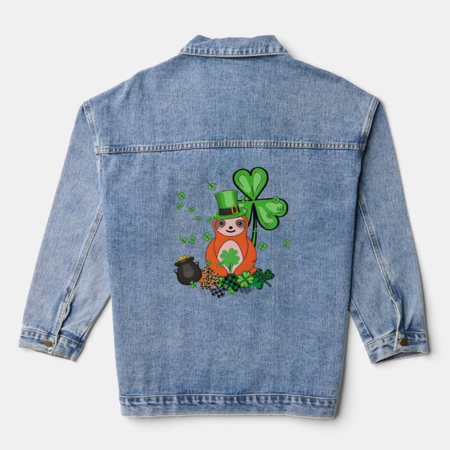 Cute Sloth Shamrock C Lazy  St Patricks Day  Denim Jacket (Back)