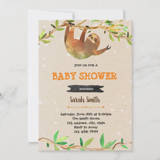 Cute sloth shower party invitation (Front)