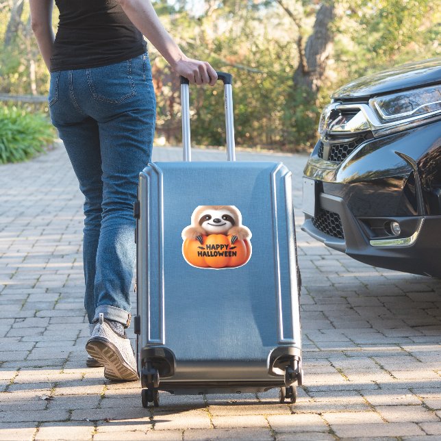 Cute Sloth sitting in a Pumpkin. Text Happy Hallow (Suitcase Insitu)