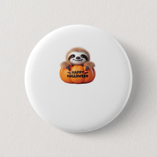 Cute Sloth sitting in a Pumpkin. Text Happy Hallow 6 Cm Round Badge (Front)