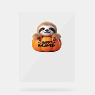 Cute Sloth sitting in a Pumpkin. Text Happy Hallow Acrylic Sign