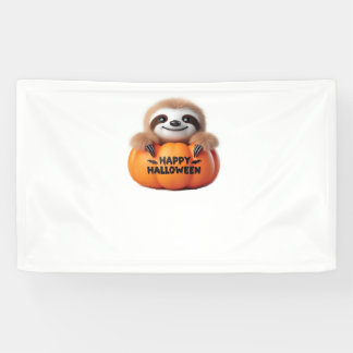 Cute Sloth sitting in a Pumpkin. Text Happy Hallow Banner