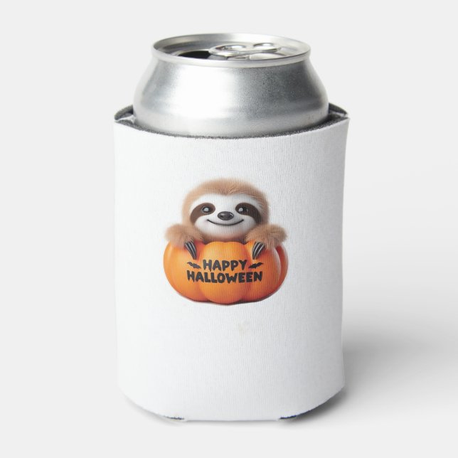 Cute Sloth sitting in a Pumpkin. Text Happy Hallow Can Cooler (Can Front)