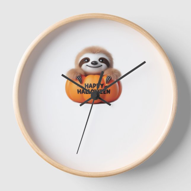Cute Sloth sitting in a Pumpkin. Text Happy Hallow Clock (Front)