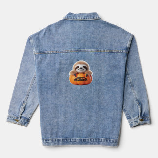 Cute Sloth sitting in a Pumpkin. Text Happy Hallow Denim Jacket