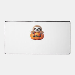 Cute Sloth sitting in a Pumpkin. Text Happy Hallow Desk Mat