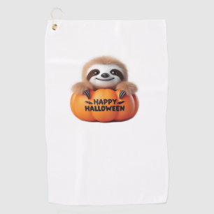 Cute Sloth sitting in a Pumpkin. Text Happy Hallow Golf Towel
