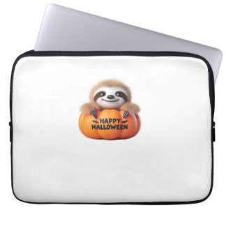 Cute Sloth sitting in a Pumpkin. Text Happy Hallow Laptop Sleeve