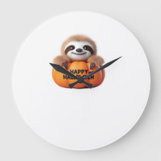 Cute Sloth sitting in a Pumpkin. Text Happy Hallow Large Clock