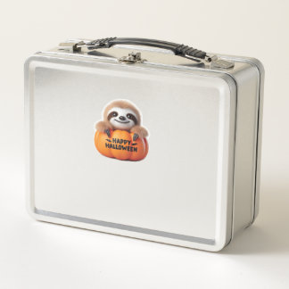 Cute Sloth sitting in a Pumpkin. Text Happy Hallow Metal Lunch Box